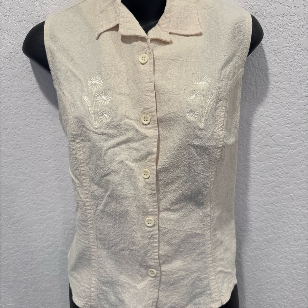 La Iguana Vintage Crinkle Cotton Cream Button-Up Top with Embroidery size L
